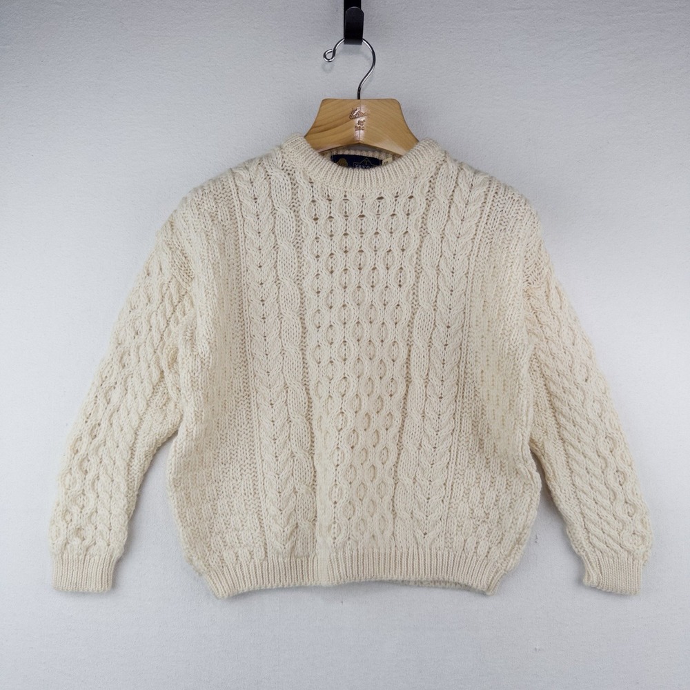 80's Vtg Tivoli Aran Childs 8/10 Wool Sweater Chunky Cable Knit Fisherman Cream